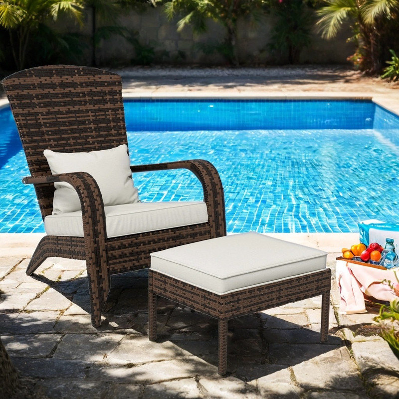 Wicker Outdoor Adirondack Chair and Ottoman Set with Padded Cushions, Brown, White