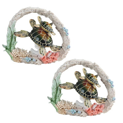 "2-PC Set" ICE ARMOR 9.5"W Green Sea Turtle with Baby Swimming Around Coral Figurine Figurine Statue Ornament Home/Room Decor and Perfect Gift Ideas for House Warming, Holidays and Birthdays Great Collectible Addition