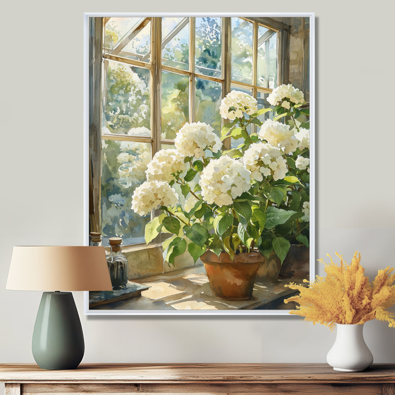 Hortensias à la ferme, serre I - hortensias, reproductions encadrées, H 40 po x l 30 po, Reproduction avec cadre flottant