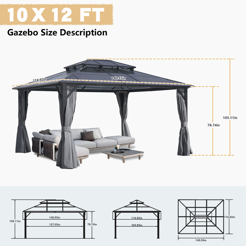 Aluminum Patio Hardtop Double-Roofed Gazebo with Netting and Curtains Multiple Sizes, Gray, 140.55" H x 116.92" W x 105.1" D