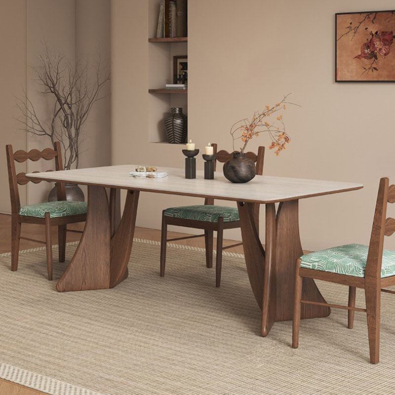 Table de salle à manger beige / blanc + brun fritté rectangulaire + table de salle à manger en bois massif et manufacturé