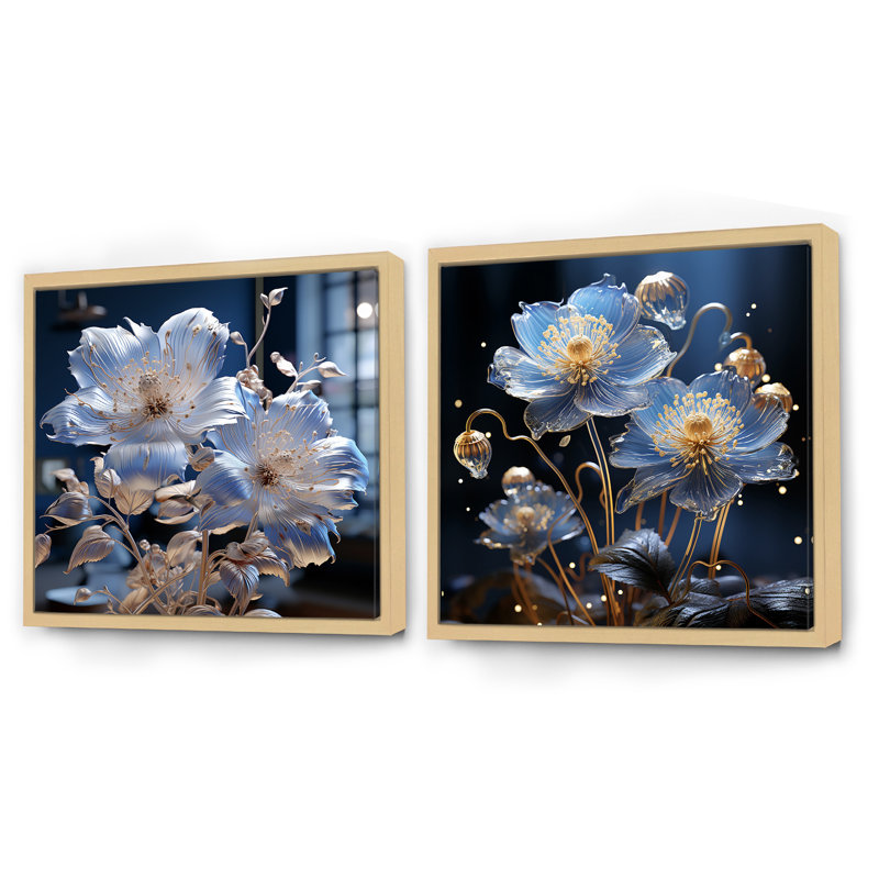 «Harmonie florale céleste», 2 pièces, Encadrement brun, H 30 po x l 61 po