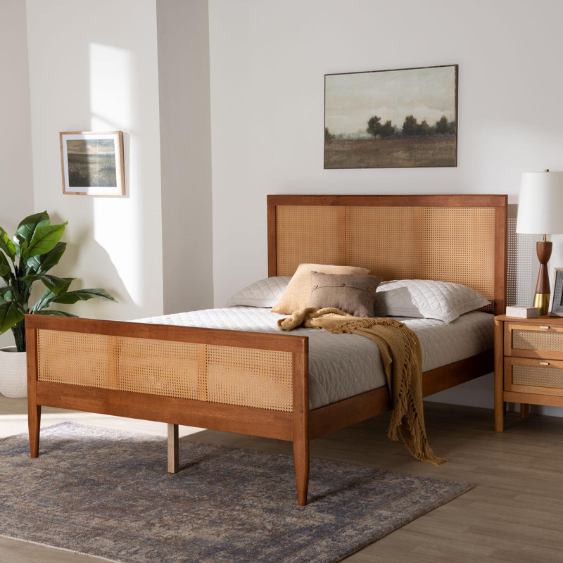 Baxton Studio Walthard Mid-Century Light Walnut Queen Platform Bed With Woven Rattan, King