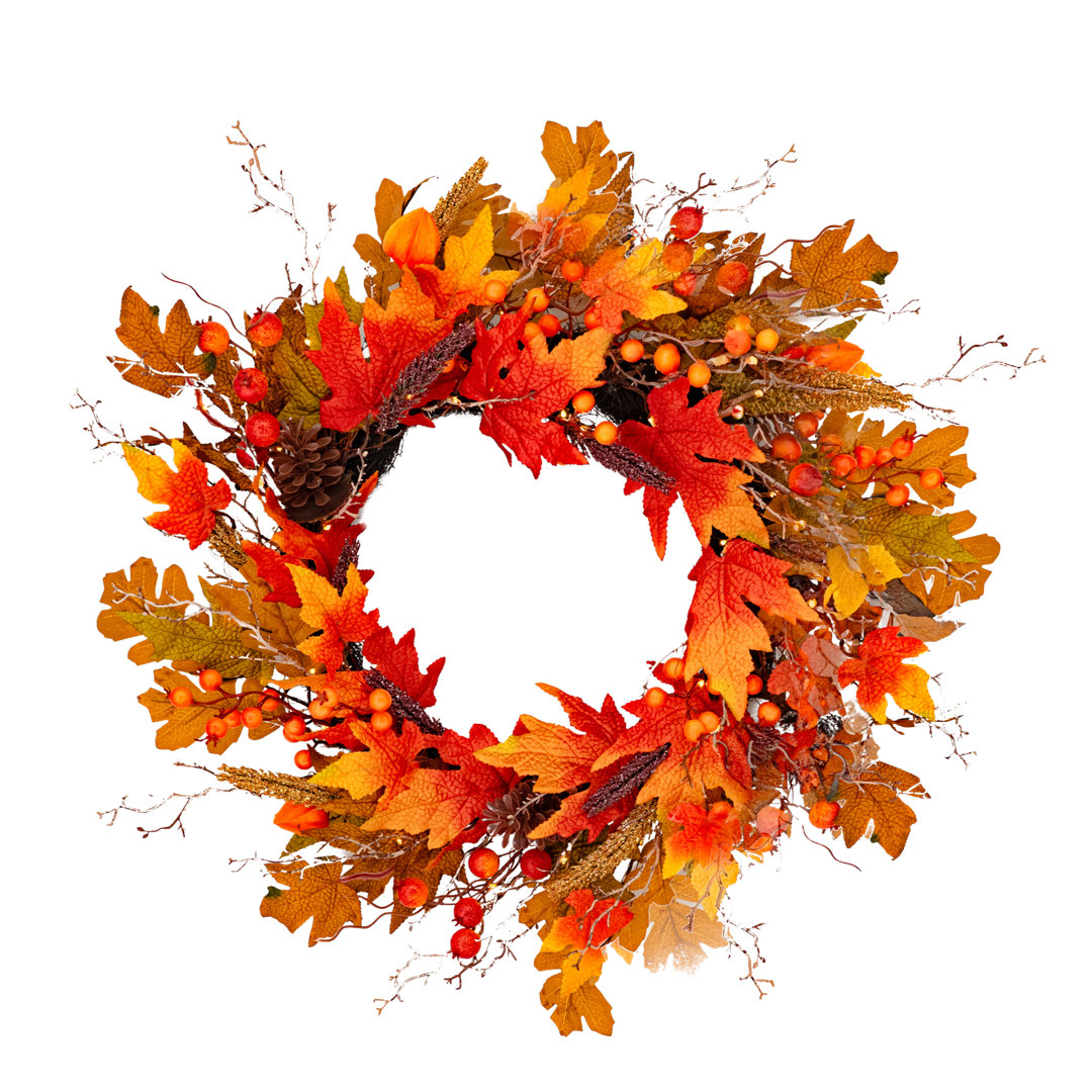 AUTUMN MAPLE - 26" Wreath with Warm White LED Microbulbs