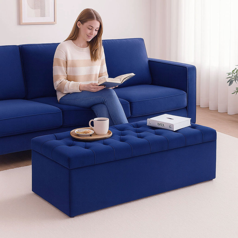 Chesterfield Ottoman Storage Box - Plush Velvet Blanket box - Shoe Bench - End of Bed Bench, Sapphire Blue