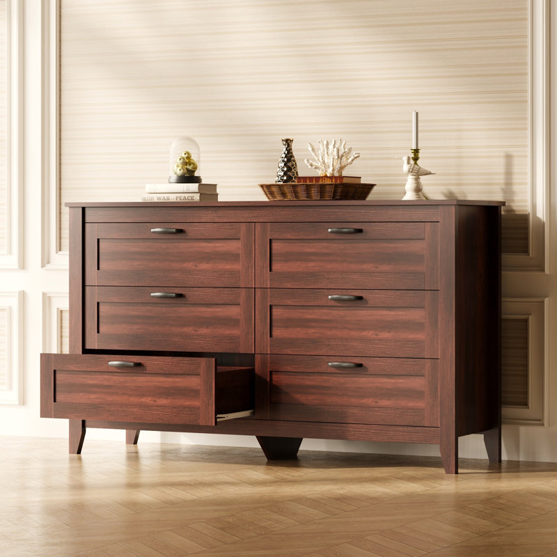 Commode moderne à 6 tiroirs de 54 po de largeur Serefina, commode en bois brun noyer avec pieds solides pour la chambre à coucher, grande commode double de rangement espresso avec poignées en métal pour placard ou couloir