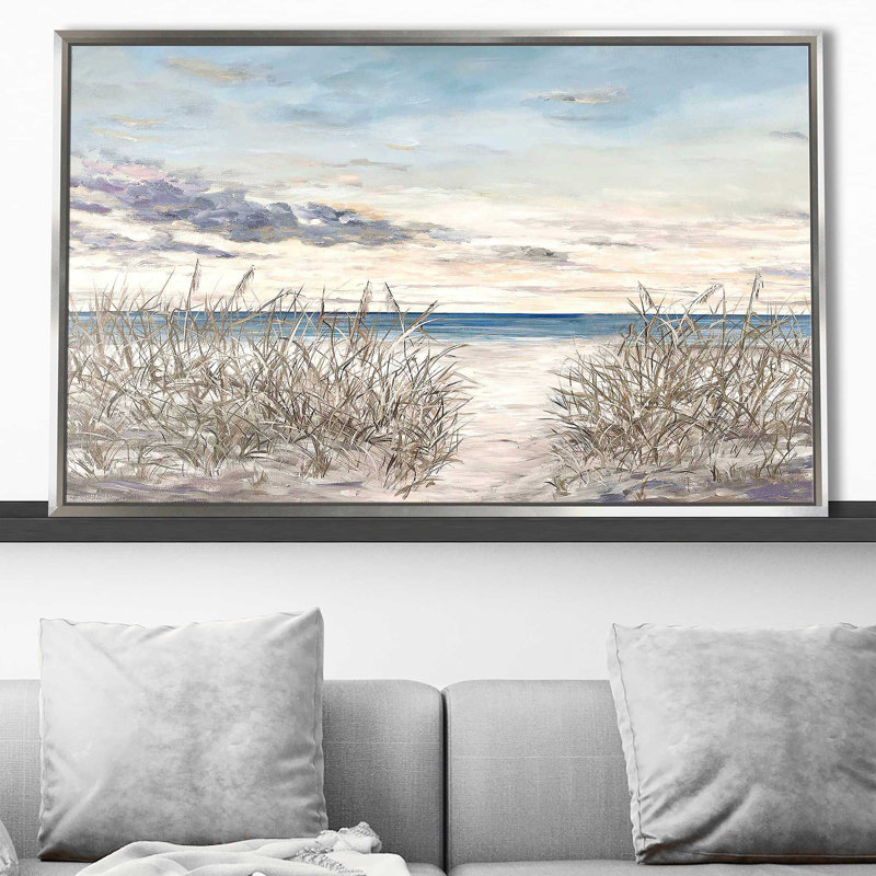 «Peaceful Beaches» par Julie Derice - Peinture, Cadre flottant argent, H 21,5 po x l 33,5 po x P 2 po