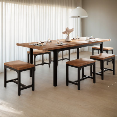 Dining Table Set, 7-piece Extendable Table From 63" Large Extendable Kitchen Table Set For 4-8 People, Mid-century Dining Room Table With 6 Square Sto