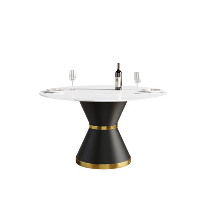 Table de salle à manger moderne 53,15 po en pierre artificielle noire et ronde en acier au carbone pouvant accueillir 6 personnes