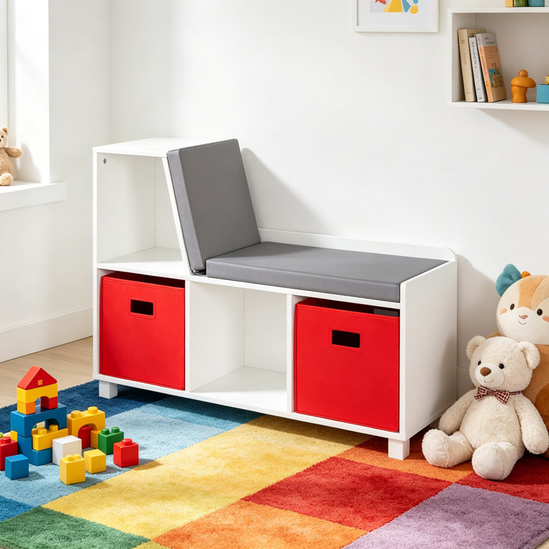 Banc de lecture pour enfants avec rangement pour casiers blancs et siège rembourré confortable, organisateur de jouets pour chambre d'enfant, conception moderne avec bacs rouges