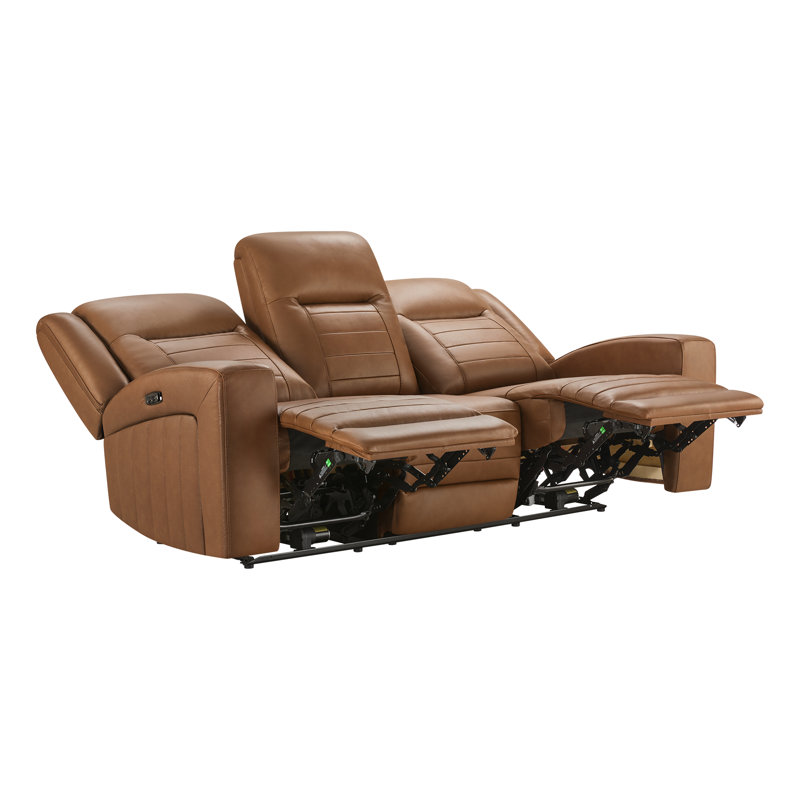 Benji 87.4'' Wide Brown Camel Genuine Leather Power Wall Reclining Sofa with USB Ports, Brown