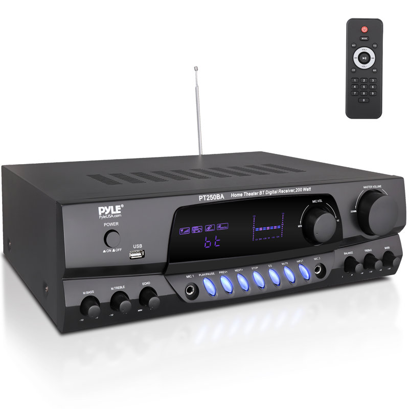 Pyle Wireless Bluetooth Power Amplifier System, 200 Watt Max, Home Theater Audio Stereo Receiver Box With Fm/Usb, Mic In, Rca Inputs, Echo & 2-Band Eq Control, Digital Display Screen - Pt250Ba