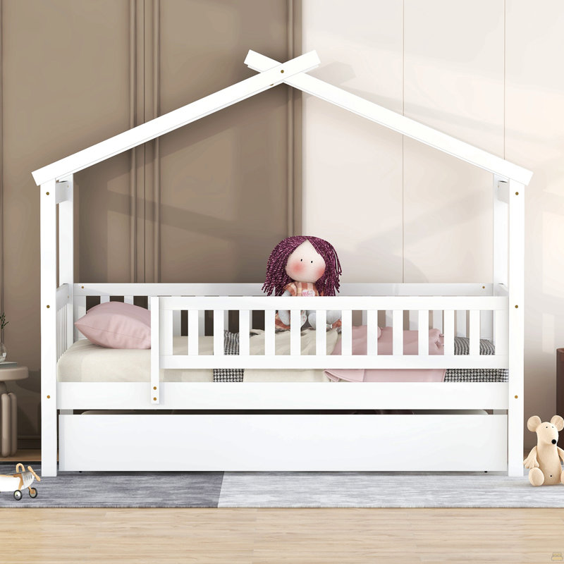 Lit simple en bois avec lit gigogne simple, Blanc