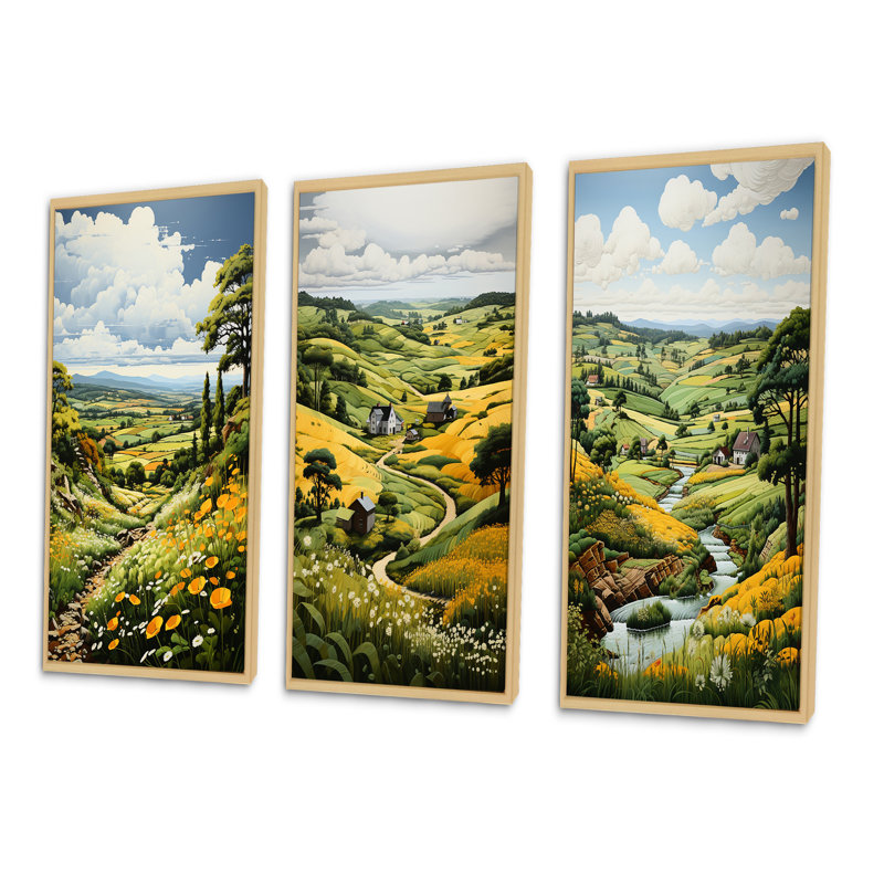 Paysage de campagne rêveur vert et jaune - ensemble 3 pièces, Encadré naturel, H 40 po x l 60 po