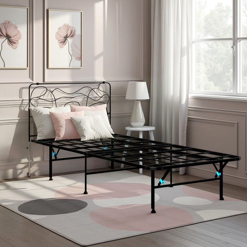 Structure de lit pliable en acier noir, taille simple, sans outil