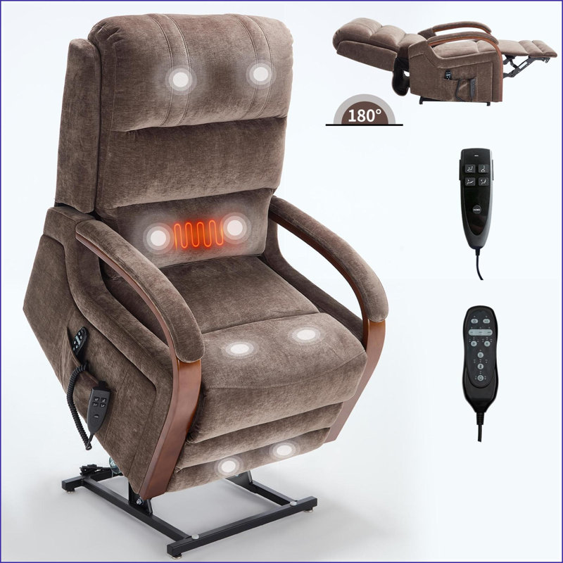 Fauteuil inclinable avec lève-personne motorisé, position infinie, massage thermique, accoudoirs en bois massif, capacité de 350 lb | Noyer brun | Chenille