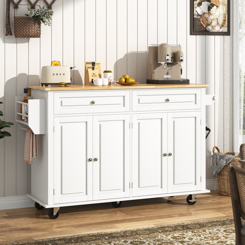 55" Movable Kitchen Island with Drop Leaf and Power Outlet, Rolling Kitchen Cart with Rubber wood Countertop, Island Table on Wheels for Kitchen w/2 Drawers, Spice Rack, Towel Bar, Adjustable Shelves