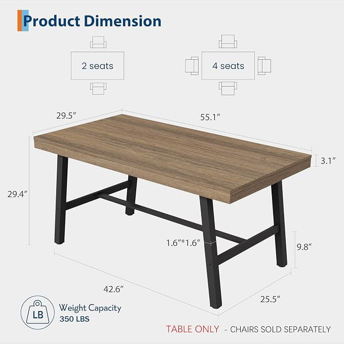 Table de salle à manger industrielle de 140 cm (55,11 po) pour 4 à 6 personnes, grand plateau rectangulaire en bois avec structure robuste en métal noir, design moderne pour la cuisine et la salle à manger, style poirier rustique