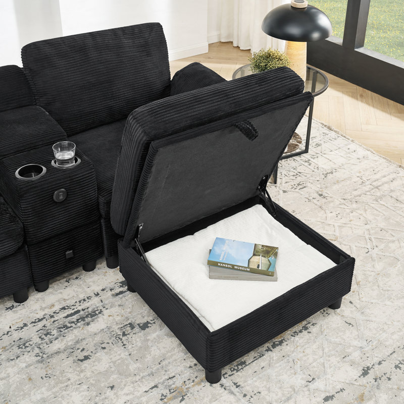 Canapé modulaire modulaire avec console de rangement et méridienne relevable, Velours côtelé noir