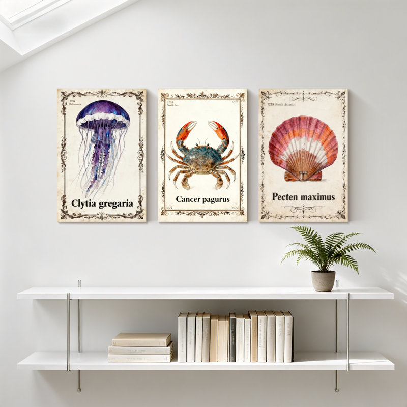 «Jellyfish Crab Shell Sea Life», ensemble de 3 reproductions d'art sur toile, H 30 po x l 60 po