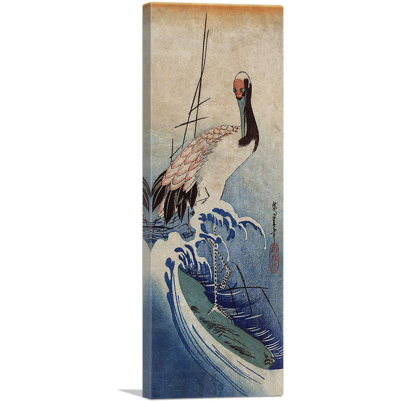 «Crane in Waves 1835» par Utagawa Hiroshige - reproduction d'art sur toile tendue, H 36 po x l 12 po x P 0,75 po