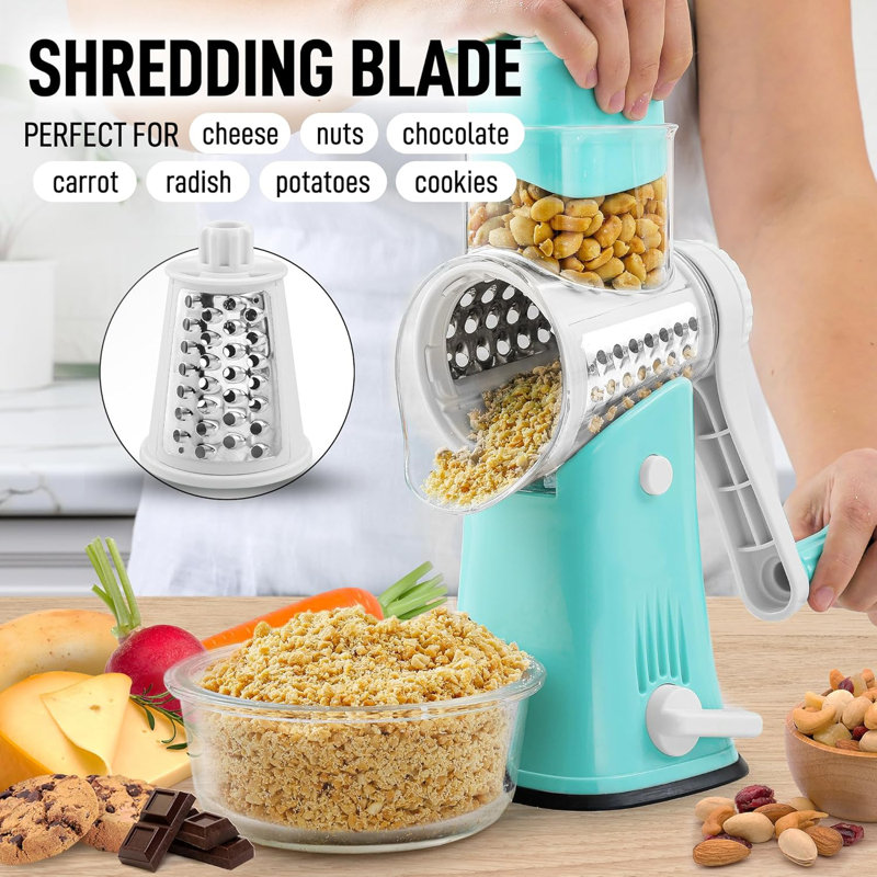 Zulay Kitchen Rotary Cheese Grater with 5 Stainless Steel Blades and Suction Base, Teal