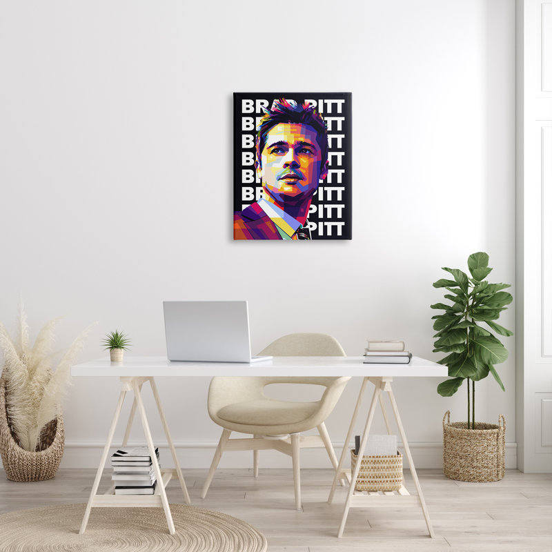 Brad Pitt, Portrait moderne, motif géométrique abstrait par Birch & Ink - impression, H 30 po x l 24 po x P 1,5 po