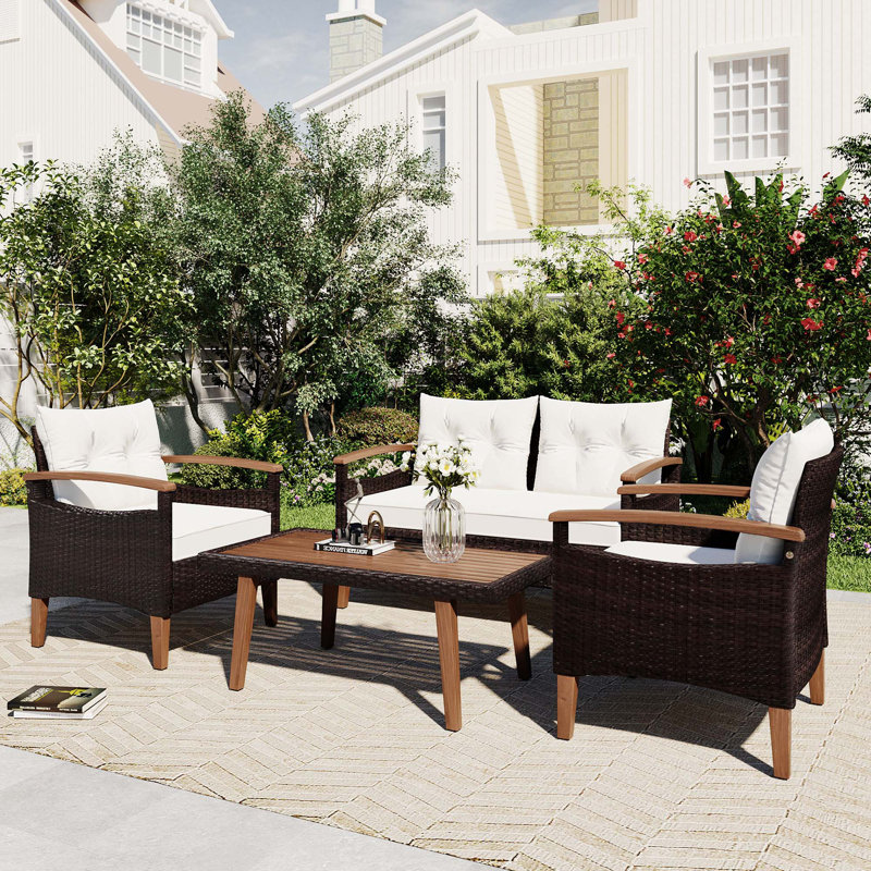 Ensemble de conversation de patio 4 pièces avec table en bois, Beige