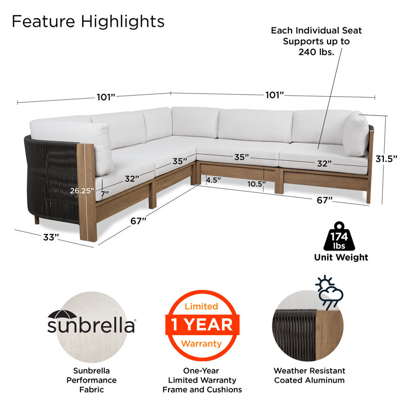 Stratton Outdoor 5-Piece Modular Patio Sectional In Beechwood With Sunbrella Cushions By Real Flame