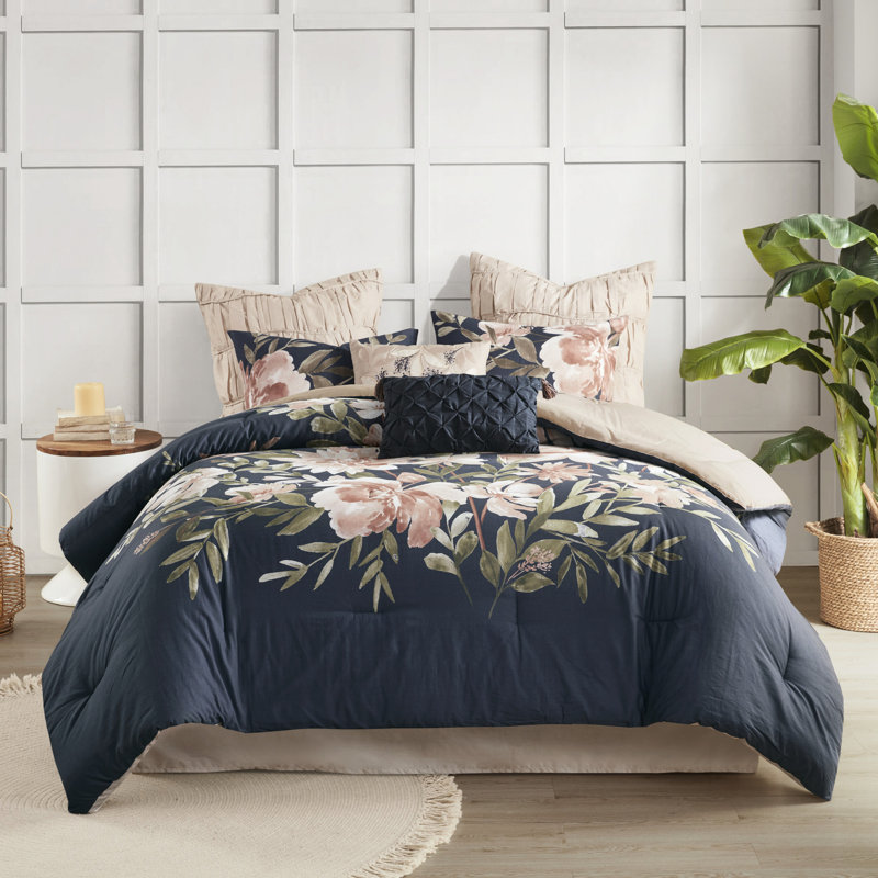 Édredon bleu marine 8 pièces - style coussins décoratifs brodés lavables à la machine et froissables - pour lit 2 coussins, taies décoratives 1 jupe vapeur