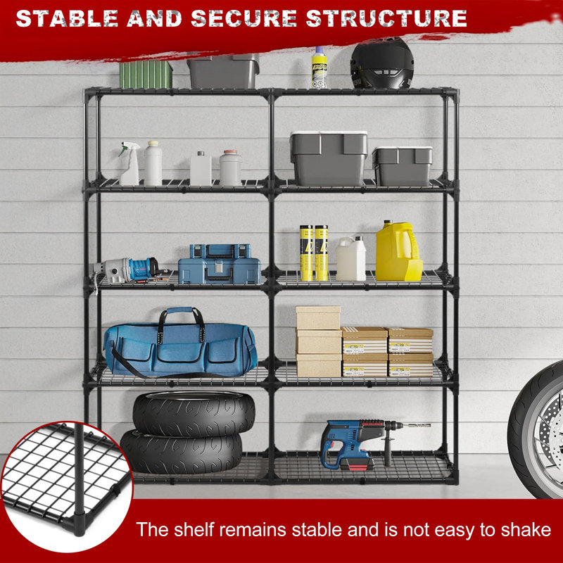 Ensemble de 5 grilles à 5 tablettes avec capacité de 1 100 lb de tablettes robustes avec pieds de nivellement pour le garage et l'organisation commerciale