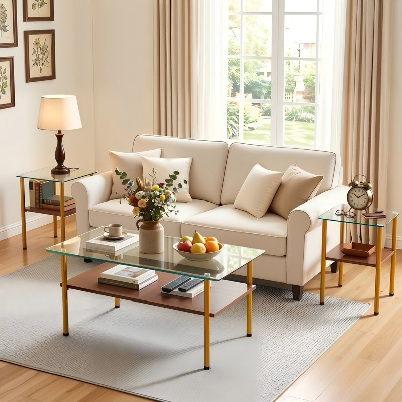 Ensemble de 3 tables basses modernes avec 2 tables de bout, plateau en verre trempé et tablette de rangement, ensemble de meubles de salon