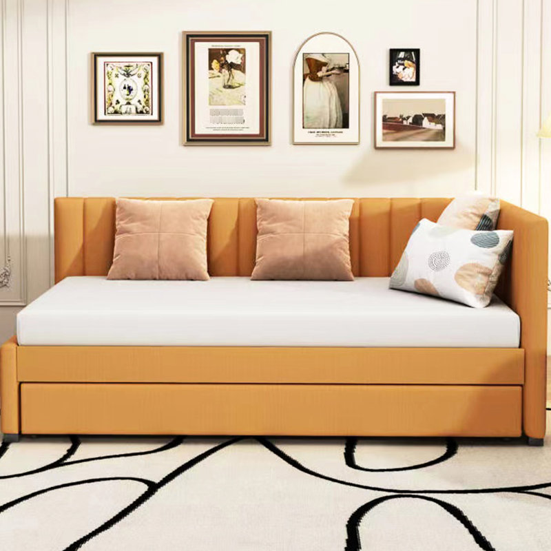 Upholstered Daybed In Yellow, With Twin Size Trundle And Construction Yellow Linen Trundle, Robust Structure, No Box Spring Requirement