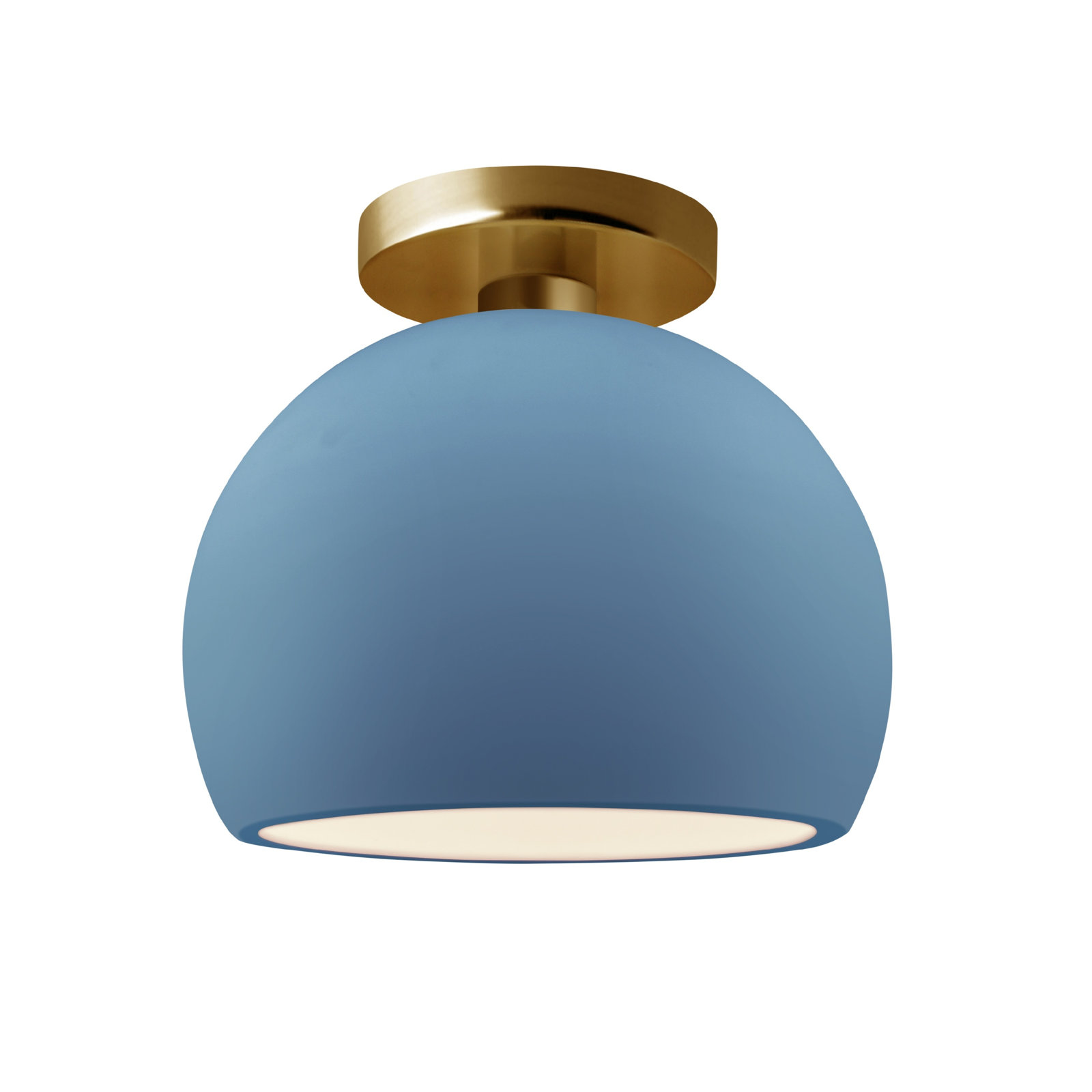 Single Light Ceramic LED Semi Flush Mount, 7" H x 7" W x 7" D, Sky Blue, Brushed Brass