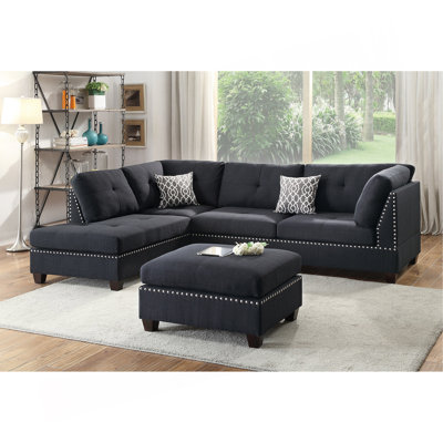 Reversible Polyfiber Sectional Sofa With Ottoman, Black