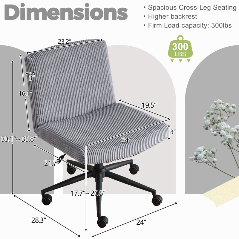 24.02‘’W Corduroy Task Office Chair With Non-Rolling Pads and Wheels, Gray
