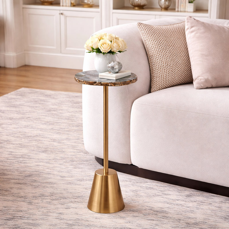 Apolaya Agate Side Table - Modern Natural Stone End Table with Gold Base, Small Accent Table for Living Room 24"