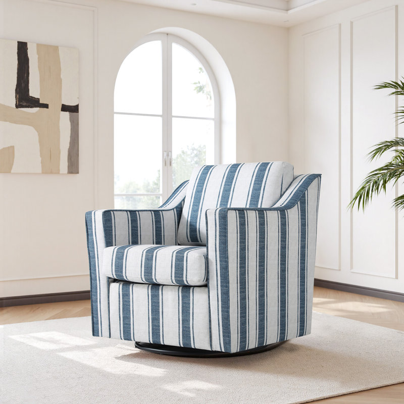 Bronnen Big And Wide Upholstered Cushion Swivel Armchair with Removable Back and Seat Cushion, Navy Cotton Blend