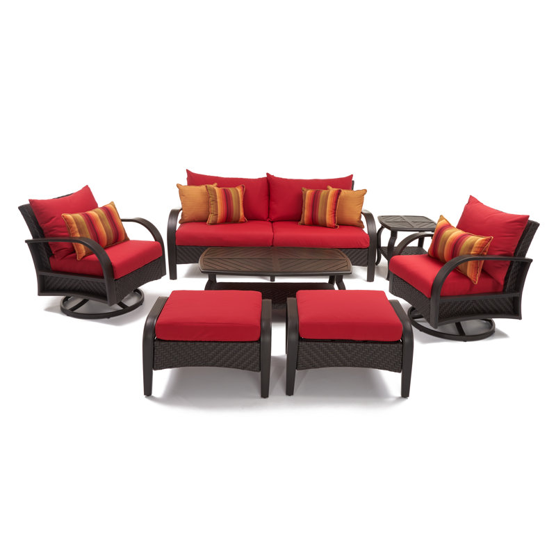 Barcelo 7 Piece Rattan Sofa Set with Cushions, Canvas Jockey Red Sunbrella® Canvas