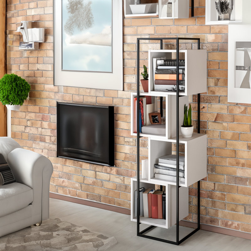 Bibliothèque industrielle moderne, panneau de particules enduit 100% mélamine et structure en métal, 20,5 x 63,0 x 15,0 pouces | Nombreuses tablettes murales au design noir et blanc | Parfait pour les solutions de rangement à la maison ou au bureau