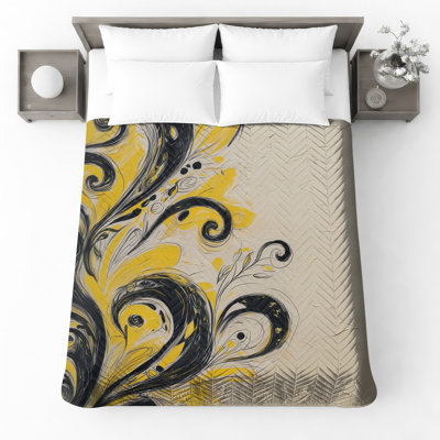 Couvre-lit matelassé à motif floral jaune tourbillonnant toutes tailles