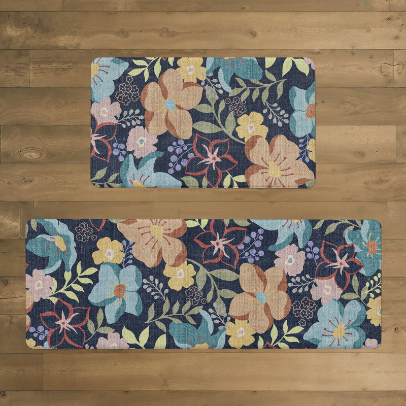Tapis de cuisine rétro anti-fatigue floral avec envers antidérapant (ensemble de 2), 17" X 30"+17" X 47", Black