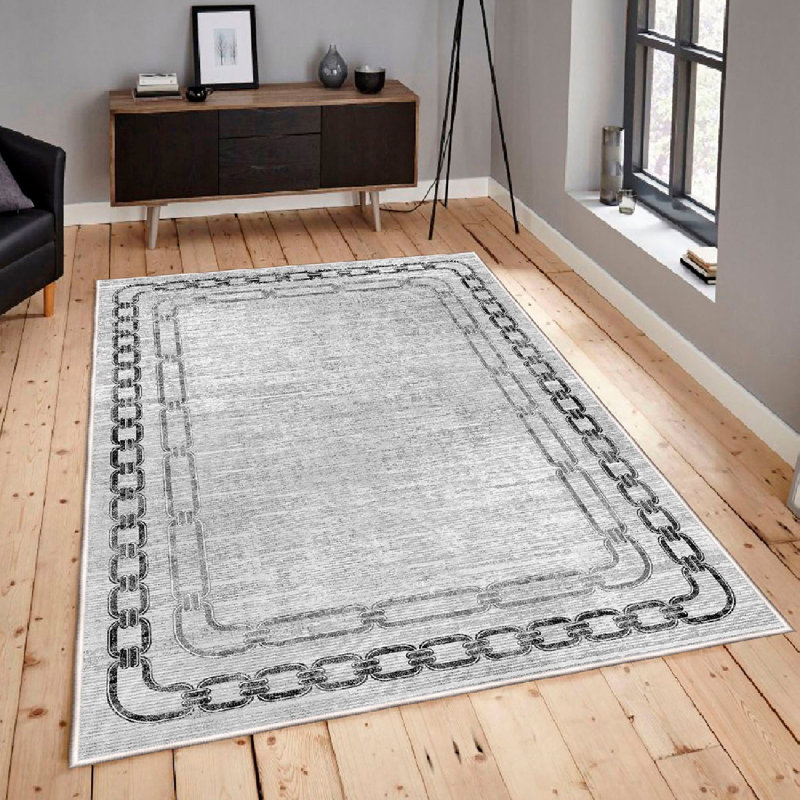 Premium Cotton Area Rug (5.9 x 9.2 ft), Cream, Grey & Black | 100% Cotton, 1200 gr/m2 | Pile Height: 0.4 in, Total Thickness: 0.3 in | Antibacterial, Non-Slip PVC Underside, Machine Washable, Stylish & Durable Design