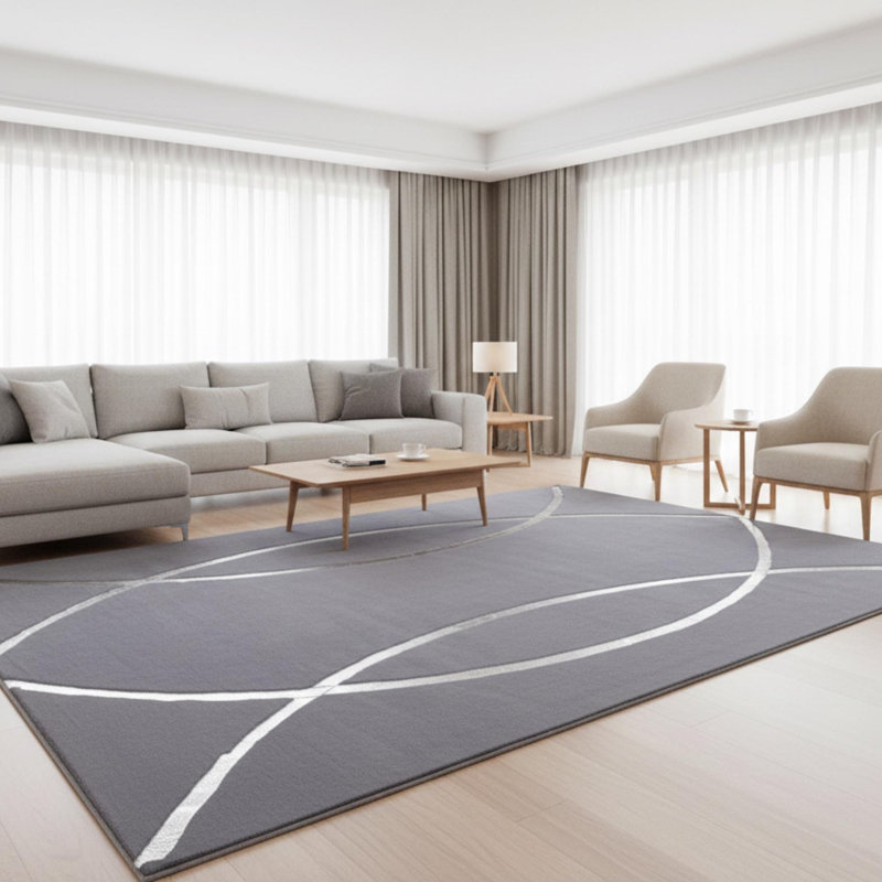 Tapis gris et argenté moelleux, tapis abstrait moderne, tapis à motif de lignes argentées, Rectangle 10 pi x 14 pi