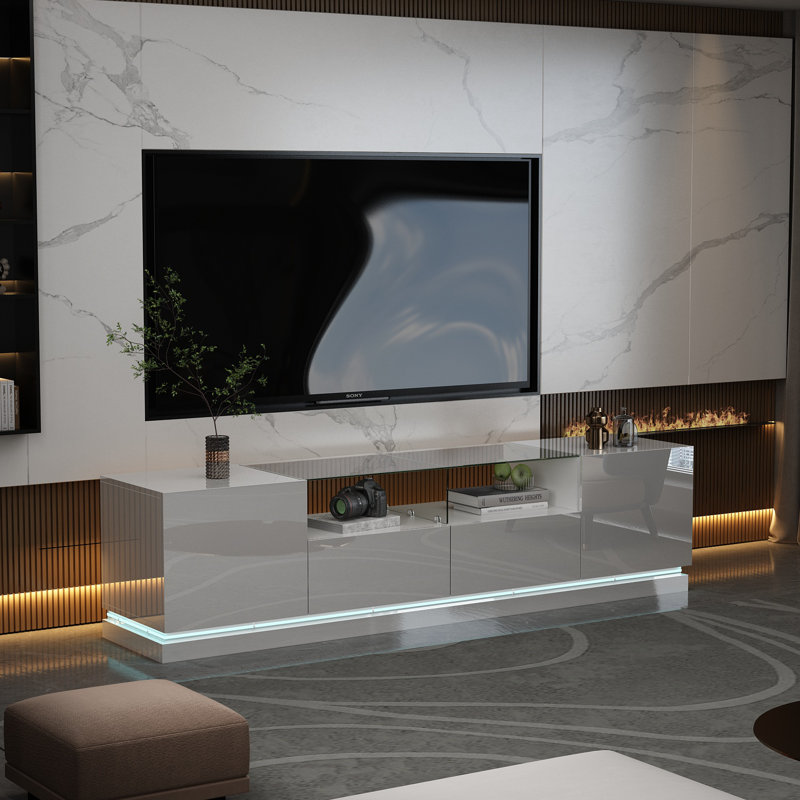 Modern LED TV Stand with Glass Shelf & Storage - 66.9"