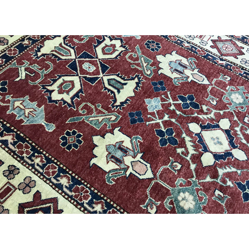 Tapis rouge, ivoire et bleu noué à la main de haute qualité