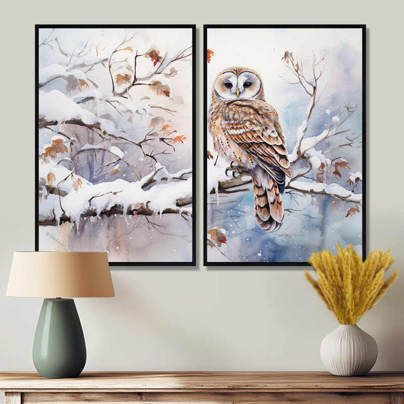 Décoration de paysage hivernal hibou enneigé - blanc, H 36 po x l 48 po, Reproduction encadrée sans passe-partout, Noir