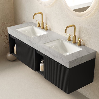 EIDEN 60' Bathroom Vanity&Sink, Floating Storage Cabinet, Carrara Grey Vein Sintered Stone Top&2 Ceramic Basins with 8'' widspread 3 Holes,Disassembled, NO Faucet and Drain Set, Black Color