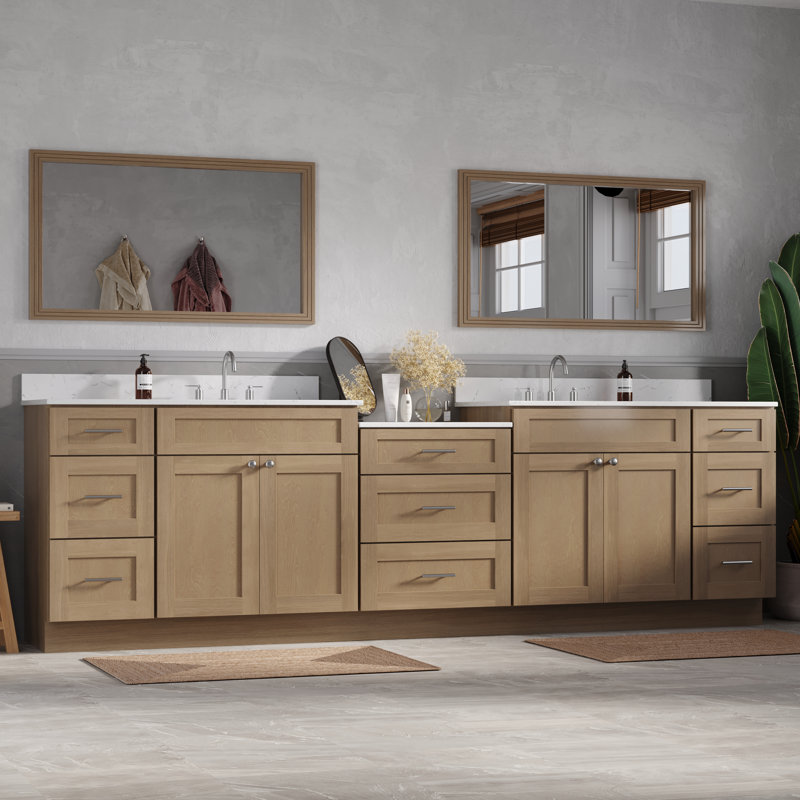 Plateau de meuble-lavabo double en bois massif avec tiroir à queue d'aronde et comptoir Carrara, 115", Chêne naturel