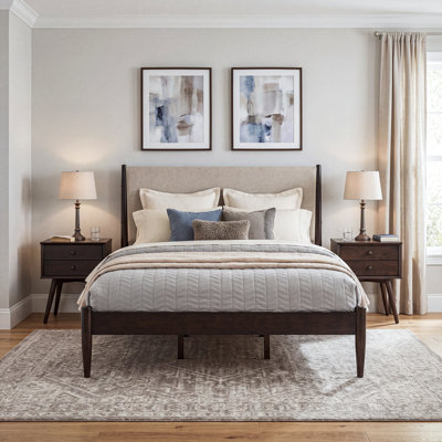 Lit capitonné de style Mid-Century, format Queen - Finition brun riche